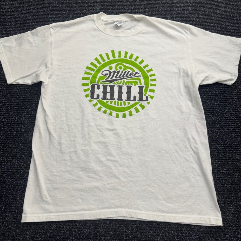 Miller Chill Beer Graphic T-Shirt White Anvil‎ Cotton Mens XL Brewery Tee